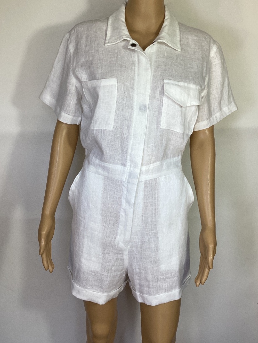 RIVET UTILITY Romper Sz M White Linen Short Sleeve Pockets Collar